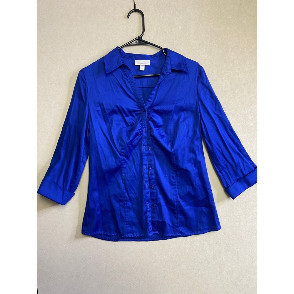Dressbarn Womens Royal Blue Sateen Ruched Button Down Shirt 3/4 Sleeve Size M